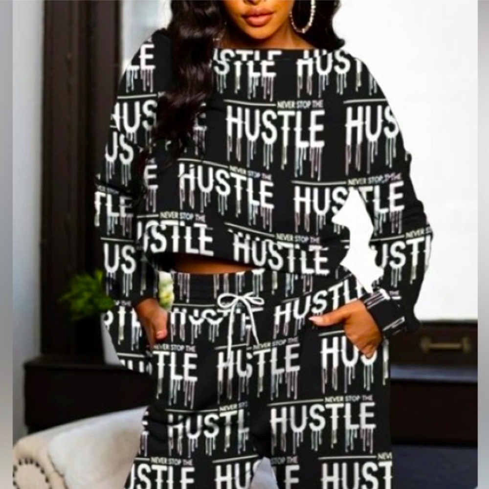 HUSTLE Long Sleeve W/ Ties On The Cuffs Long Crop Shirt & Wide Leg Outfit